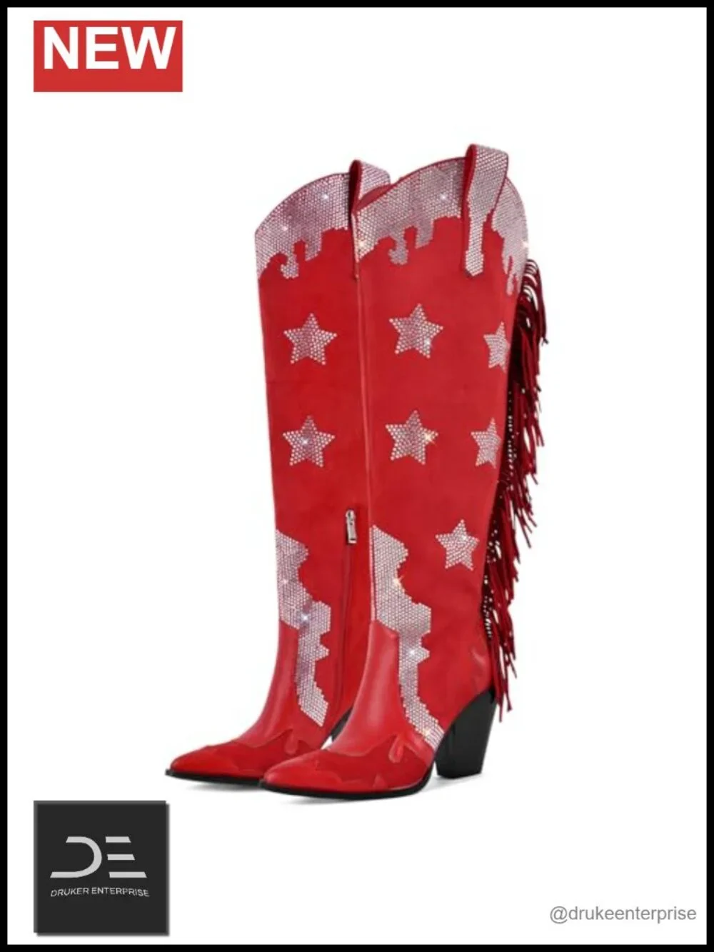 Fringe Thigh High Boots Over The Knee Rhinestone Studded Cowboy Boots Faux Suede